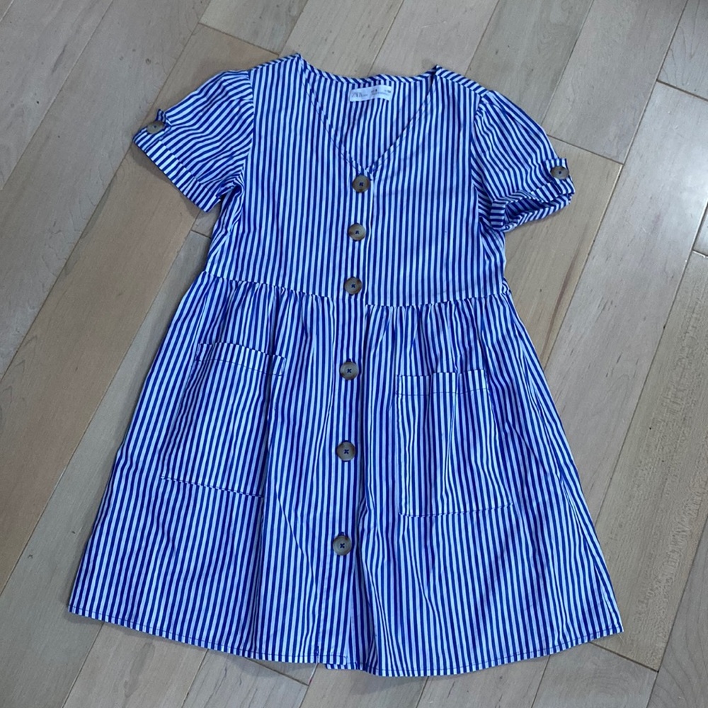 Zara girls white blue cotton dress 9